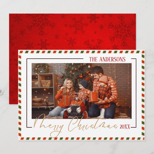 Merry Christmas modern chic 1 family photo red  Holiday Card (Front/Back)