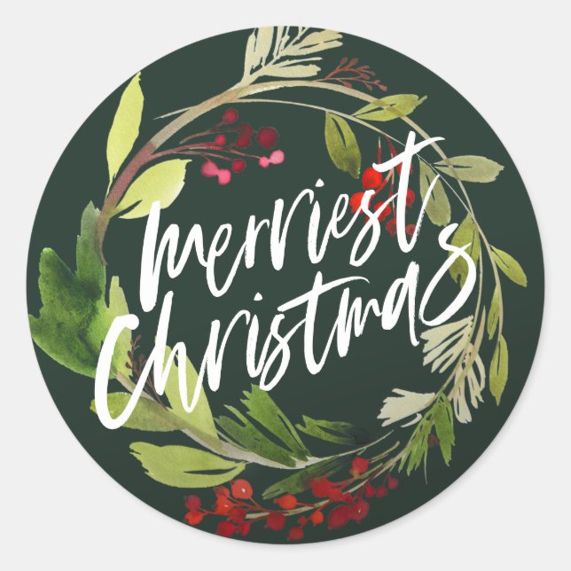 Merry christmas modern chic watercolor foliage classic round sticker (Front)