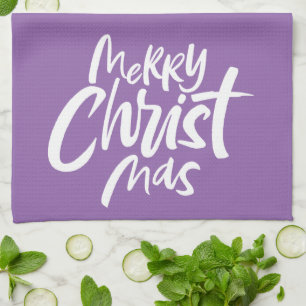 Merry Christmas Modern Christian Religious Purple Tea Towel