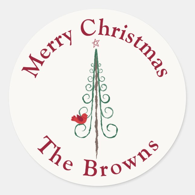 Merry Christmas - Modern Christmas Tree Red Green Classic Round Sticker (Front)