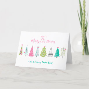 Merry Christmas - Modern Christmas Trees Pink Teal Holiday Card