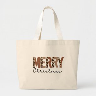 "Merry Christmas" Modern Color Block Leopard Boho Large Tote Bag