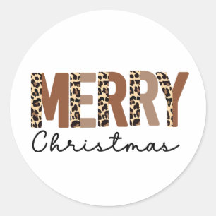 "Merry Christmas" Modern Colour Block Leopard Boho Classic Round Sticker