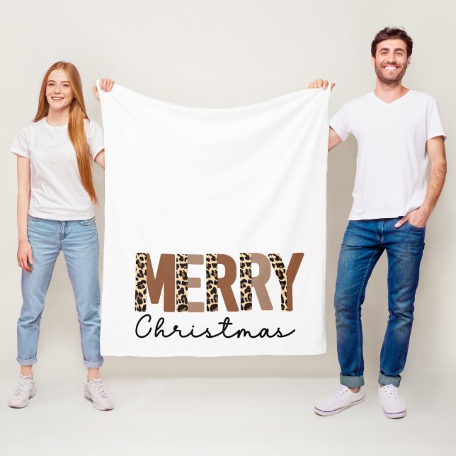 "Merry Christmas" Modern Colour Block Leopard Boho Fleece Blanket (In Situ)