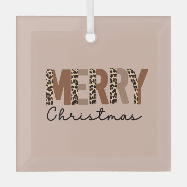 "Merry Christmas" Modern Colour Block Leopard Boho Glass Tree Decoration (Front)