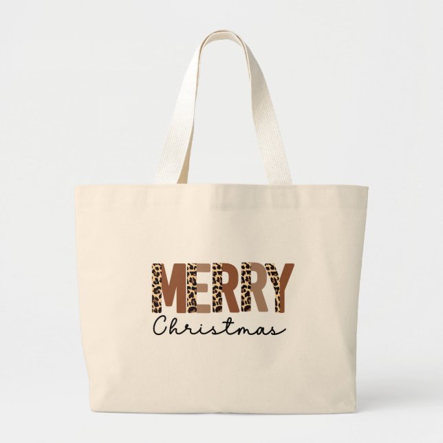 "Merry Christmas" Modern Colour Block Leopard Boho Large Tote Bag (Front)