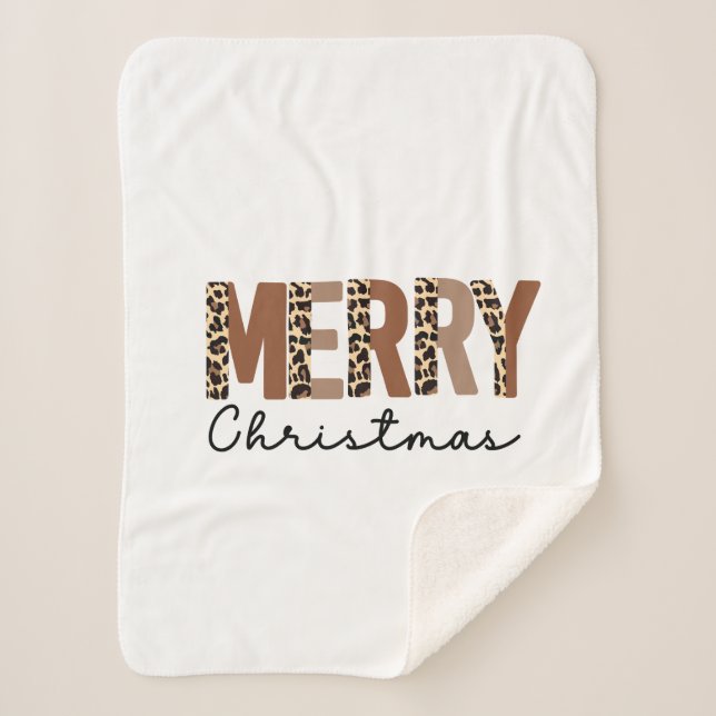 "Merry Christmas" Modern Colour Block Leopard Boho Sherpa Blanket (Front)
