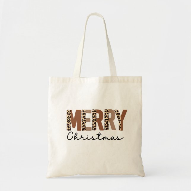 "Merry Christmas" Modern Colour Block Leopard Boho Tote Bag (Front)