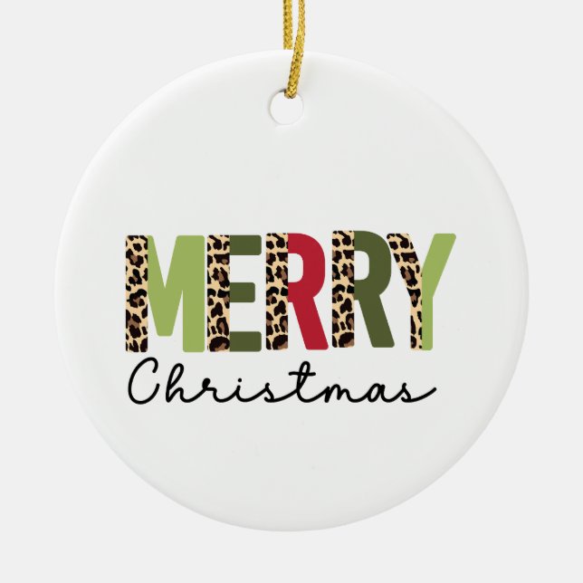 "Merry Christmas" Modern Colour Blocked Leopard  Ceramic Tree Decoration (Front)