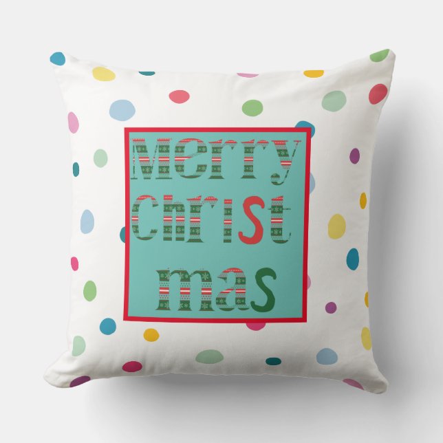 Merry Christmas modern colourful dot pattern white Cushion (Front)