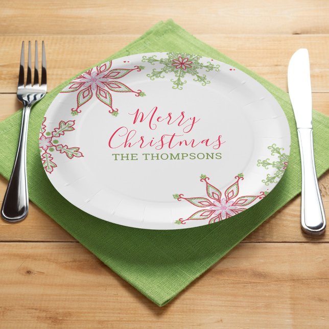 Merry Christmas Modern Cute Colourful Snowflakes Paper Plate (Merry Christmas cute whimsical calligraphy script snowflake paper plate.)