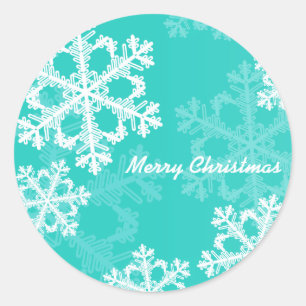 Merry Christmas Modern Cyan Snowflakes Pattern  Classic Round Sticker