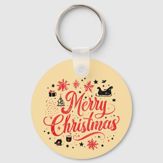 Merry Christmas Modern Design | Red & White Key Ring (Front)