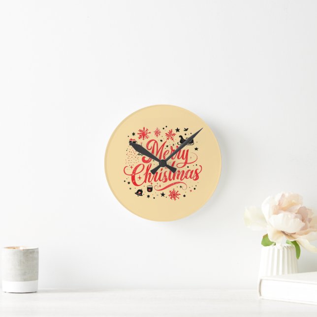 Merry Christmas Modern Design | Red & White Round Clock (Home)