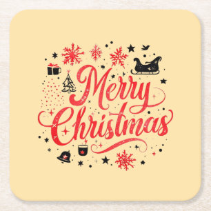 Merry Christmas Modern Design Red & White Square Paper Coaster