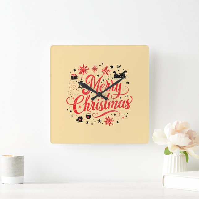 Merry Christmas Modern Design | Red & White Square Wall Clock (Home)