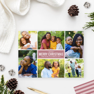 Merry Christmas Modern Dusty Rose Photo Collage Holiday Card