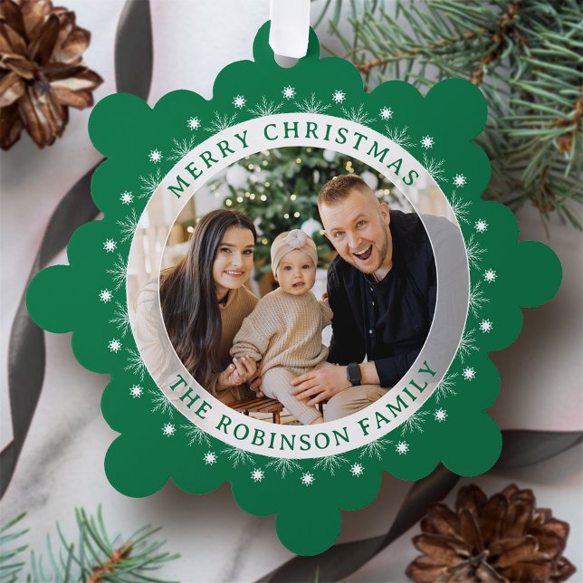Merry Christmas Modern Elegant Family Photo Green Tree Decoration Card (Creator Uploaded)