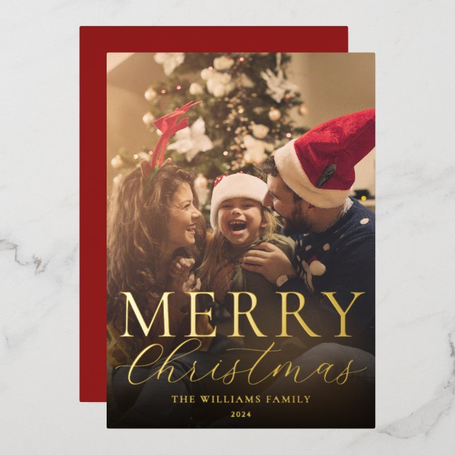 Merry Christmas Modern Elegant Photo Foil Holiday Card (Front/Back)