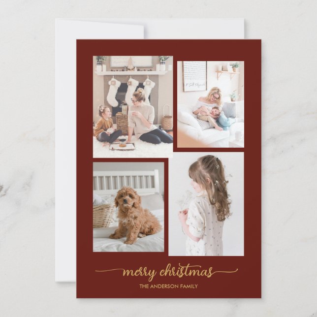 Merry Christmas, Modern, Elegat Four Photo Collage Holiday Card (Front)