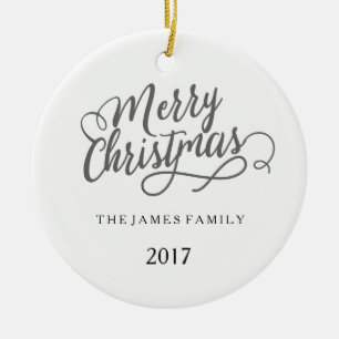 Merry Christmas Modern Family Name Ceramic Tree Decoration