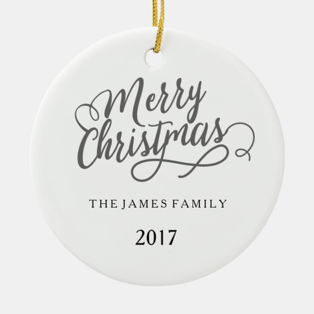 Merry Christmas Modern Family Name Ceramic Tree Decoration (Front)