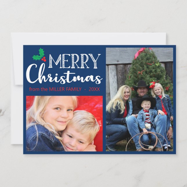 Merry Christmas Modern Family Photo Blue Red Green Holiday Card (Front)