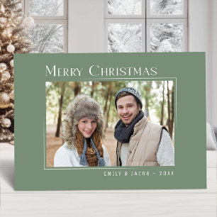 Merry Christmas Modern Family Photo Elegant Green Holiday Card