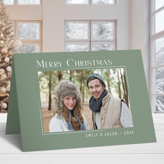 Merry Christmas Modern Family Photo Elegant Green Holiday Card (Available in high quality print or digital download for quick text messaging, email or self print.)