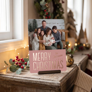 Merry Christmas Modern Family Photo - Pink Foil Holiday Card
