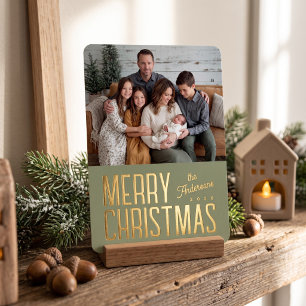 Merry Christmas Modern Family Photo - Sage Green Foil Holiday Card