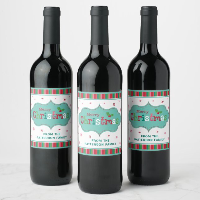 Merry Christmas Modern Festive Colourful Name Wine Label (Bottles)