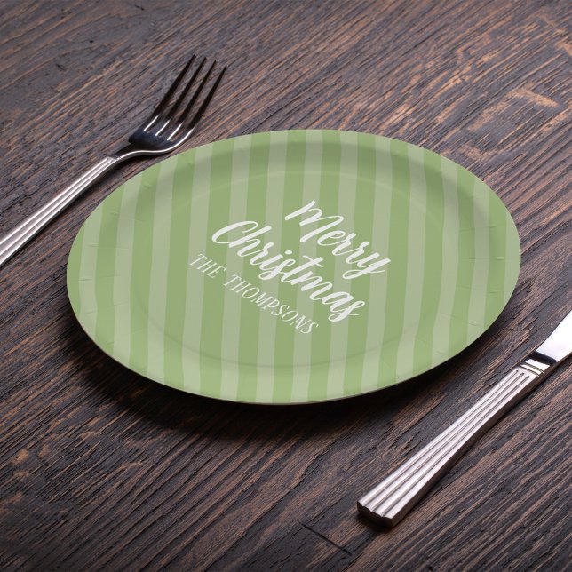 Merry Christmas Modern Festive Green Minimalist Paper Plate (Merry Christmas holiday whimsical green striped paper plates. )