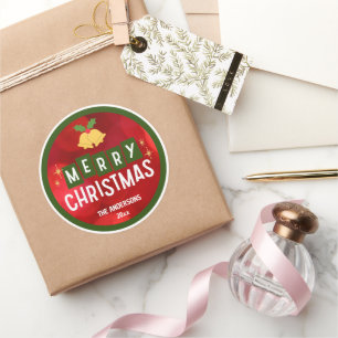 Merry Christmas modern festive red green retro Classic Round Sticker