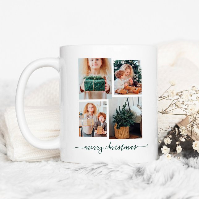 Merry Christmas | Modern Four Photo Collage Coffee Mug (Creator Uploaded)