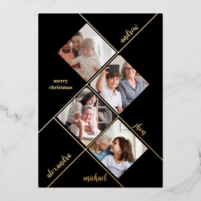 Merry Christmas | Modern Four Photo Collage Foil Holiday Card (Front)