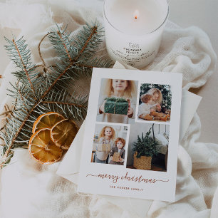 Merry Christmas   Modern Four Photo Collage Holiday Card
