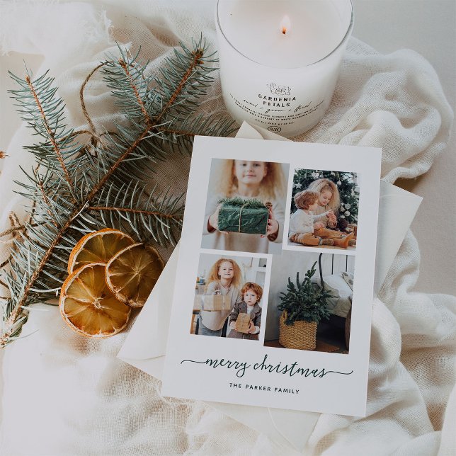 Merry Christmas | Modern Four Photo Collage Holiday Card (Creator Uploaded)