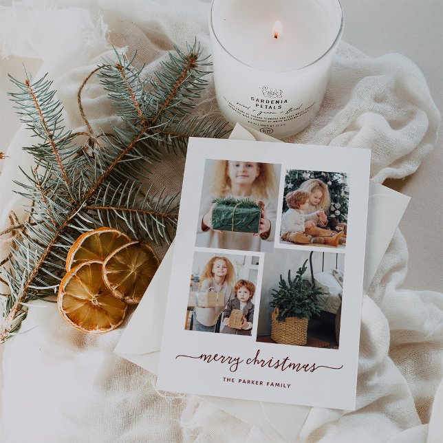 Merry Christmas | Modern Four Photo Collage Holiday Card (Creator Uploaded)