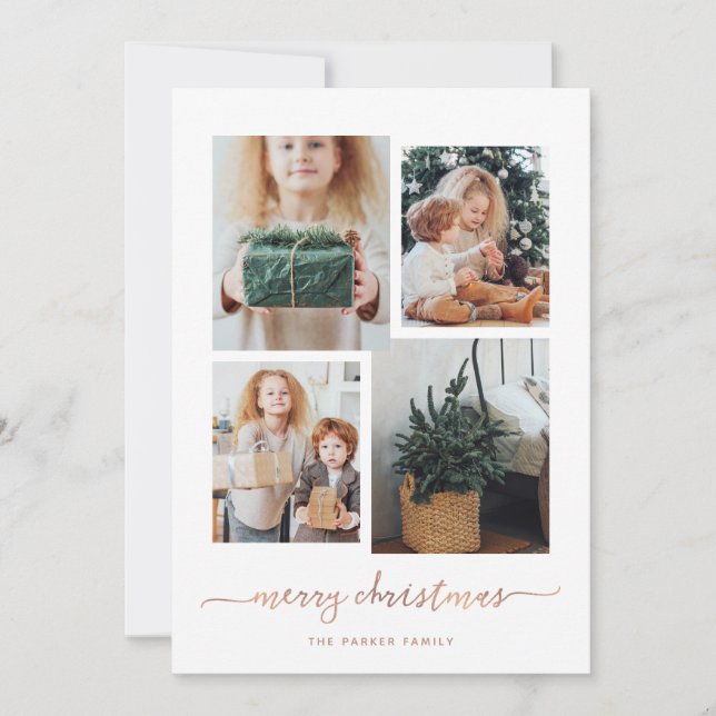Merry Christmas | Modern Four Photo Collage Holiday Card (Front)