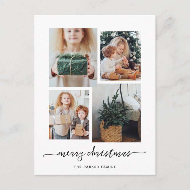Merry Christmas | Modern Four Photo Collage Holiday Postcard (Front)