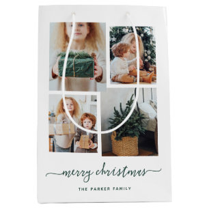 Merry Christmas   Modern Four Photo Collage Medium Gift Bag