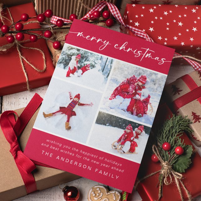 Merry Christmas | Modern Four Photo Holiday Card (Creator Uploaded)