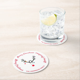 Merry Christmas modern funny reindeer white Round Paper Coaster