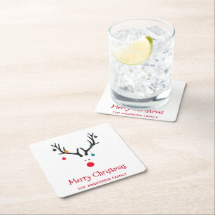 Merry Christmas modern funny reindeer white Square Paper Coaster