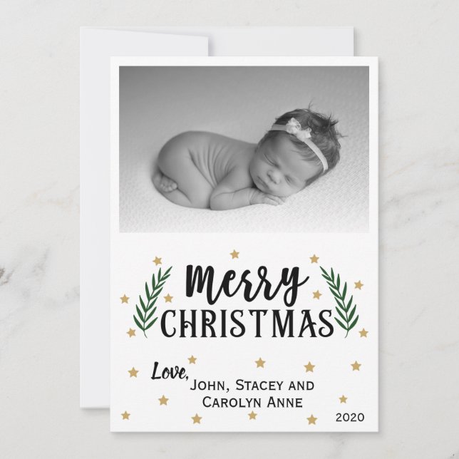 Merry Christmas Modern | Gold Stars Photo Card (Front)