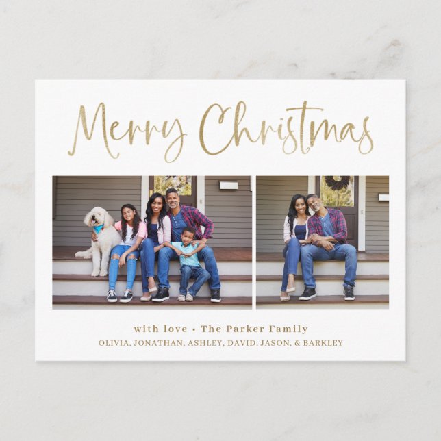 Merry Christmas | Modern Gold Two Photo Holiday Postcard (Front)