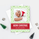 Merry Christmas Modern Green and Red Ikat Photo Holiday Card<br><div class="desc">Unique global-inspired holiday card design features a light green and white ikat pattern with a modern rustic woven look and red ribbon stripe that frames the photo.  Personalise this stylish and unique card with your favourite portrait and custom text.</div>