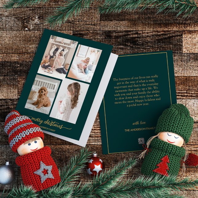 Merry Christmas | Modern, Green Four Photo Collage Holiday Card (Creator Uploaded)