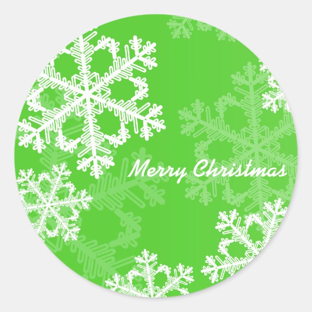 Merry Christmas Modern Green Snowflakes Pattern  Classic Round Sticker (Front)